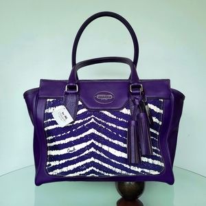 COACH Ultraviolet Zebra Print Designer Hand Bag with Tassels and Silver Details